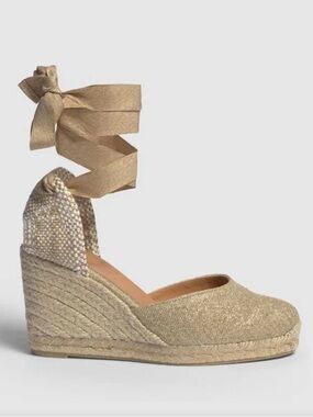 Castaner Carina Lace-Up Espadrille Wedges Gold Shimmer Size 38 New In Box